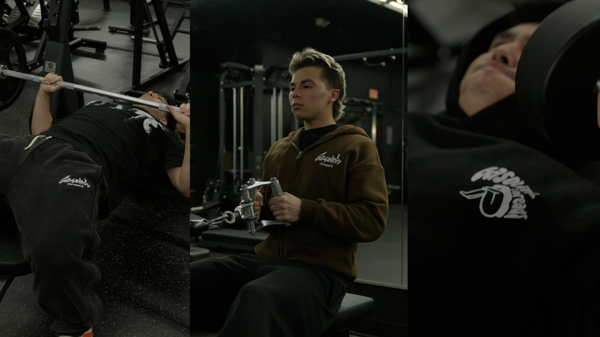 Person lifting weights with a barbell, holding a weight plate, and wearing a hoodie with a logo.
